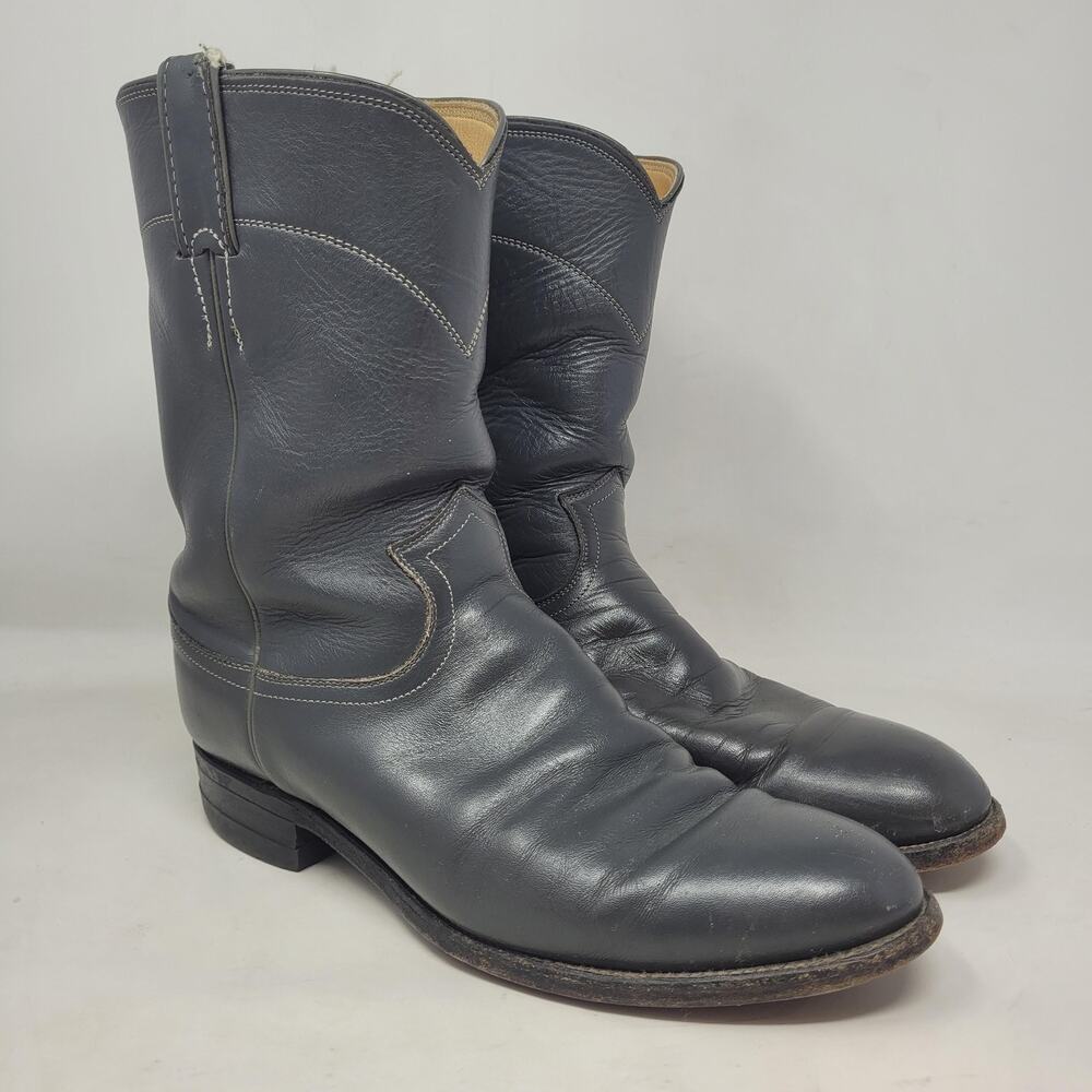 Justin Boots Mens 9D Gray Leather Western Cowboy Roper Rodeo Round Toe‎ USA 3025